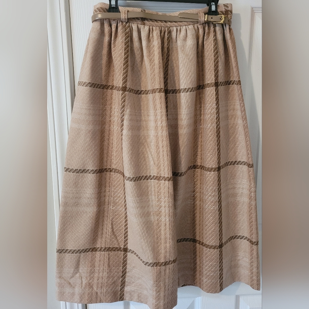 Vintage Wool Blend Brown Plaid Midi Skirt With Belt